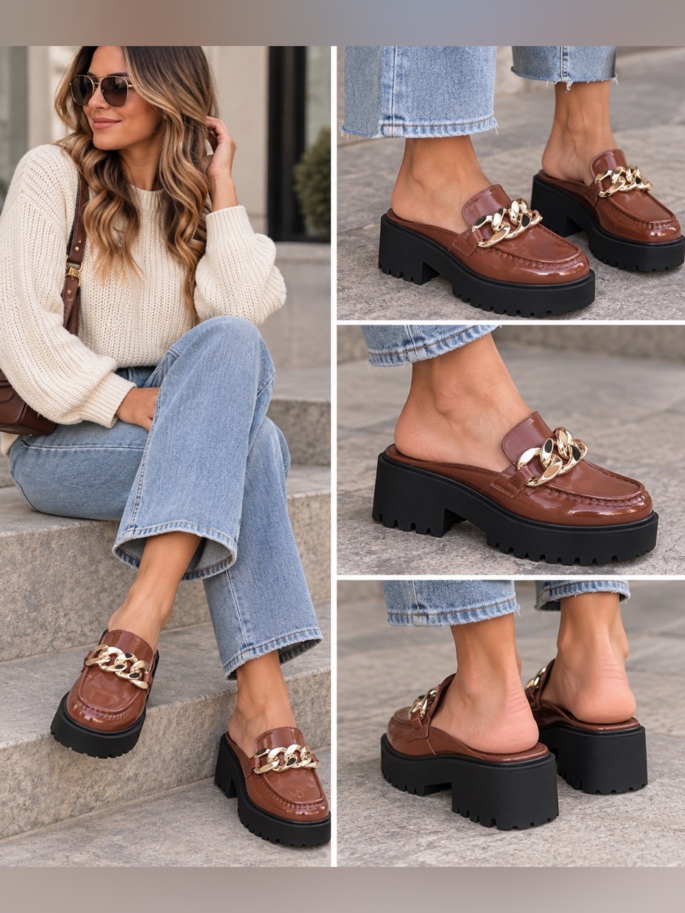 madden girl Dollie Chain Lug Mule Brown Platform Mules
